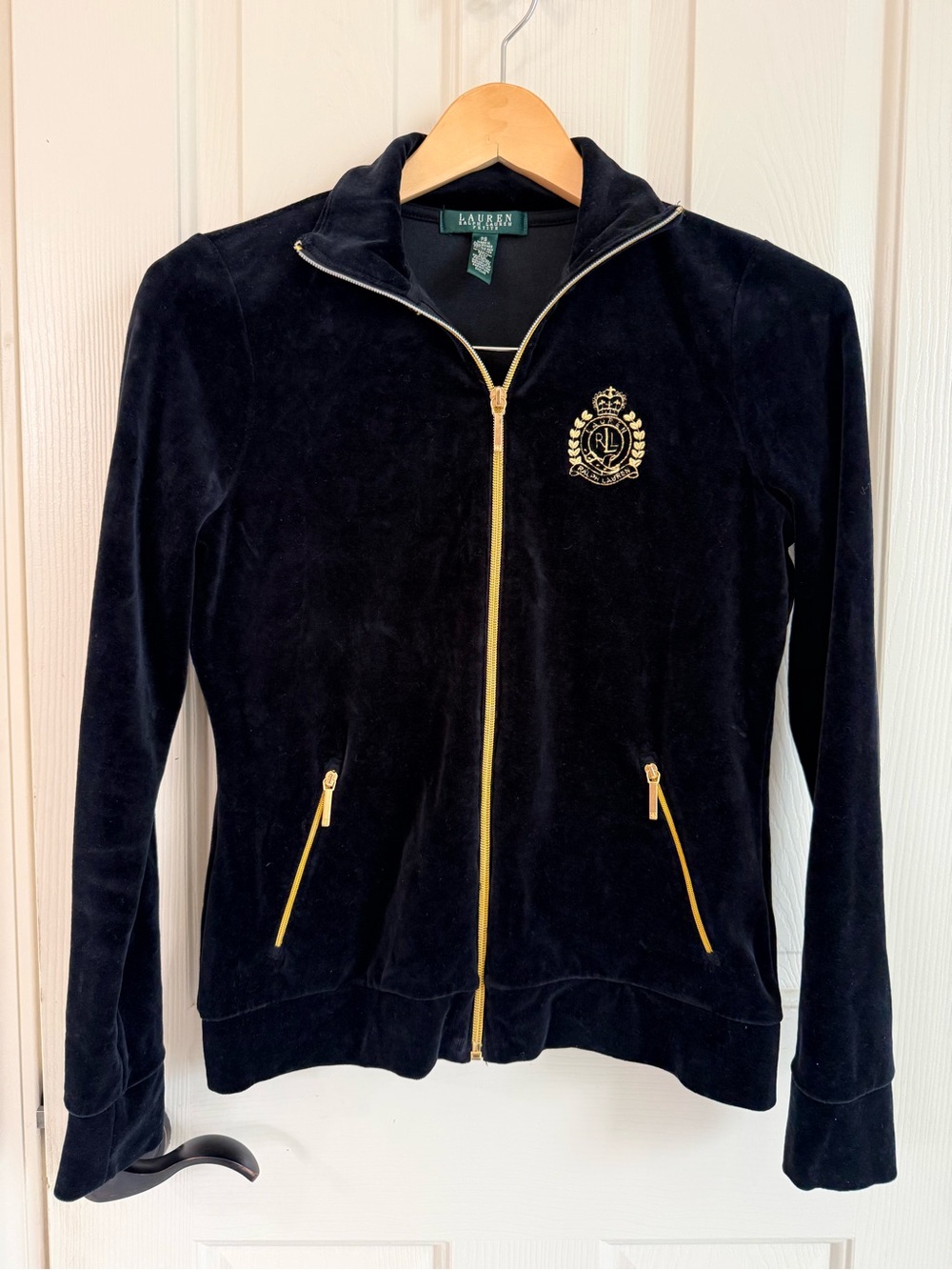 Lauren Ralph Lauren Black Velour Zip Jacket with Gold Trim